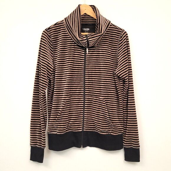 Calvin Klein Jacket Women's Large Brown Performance Quick Dry Striped Velour - Picture 2 of 9